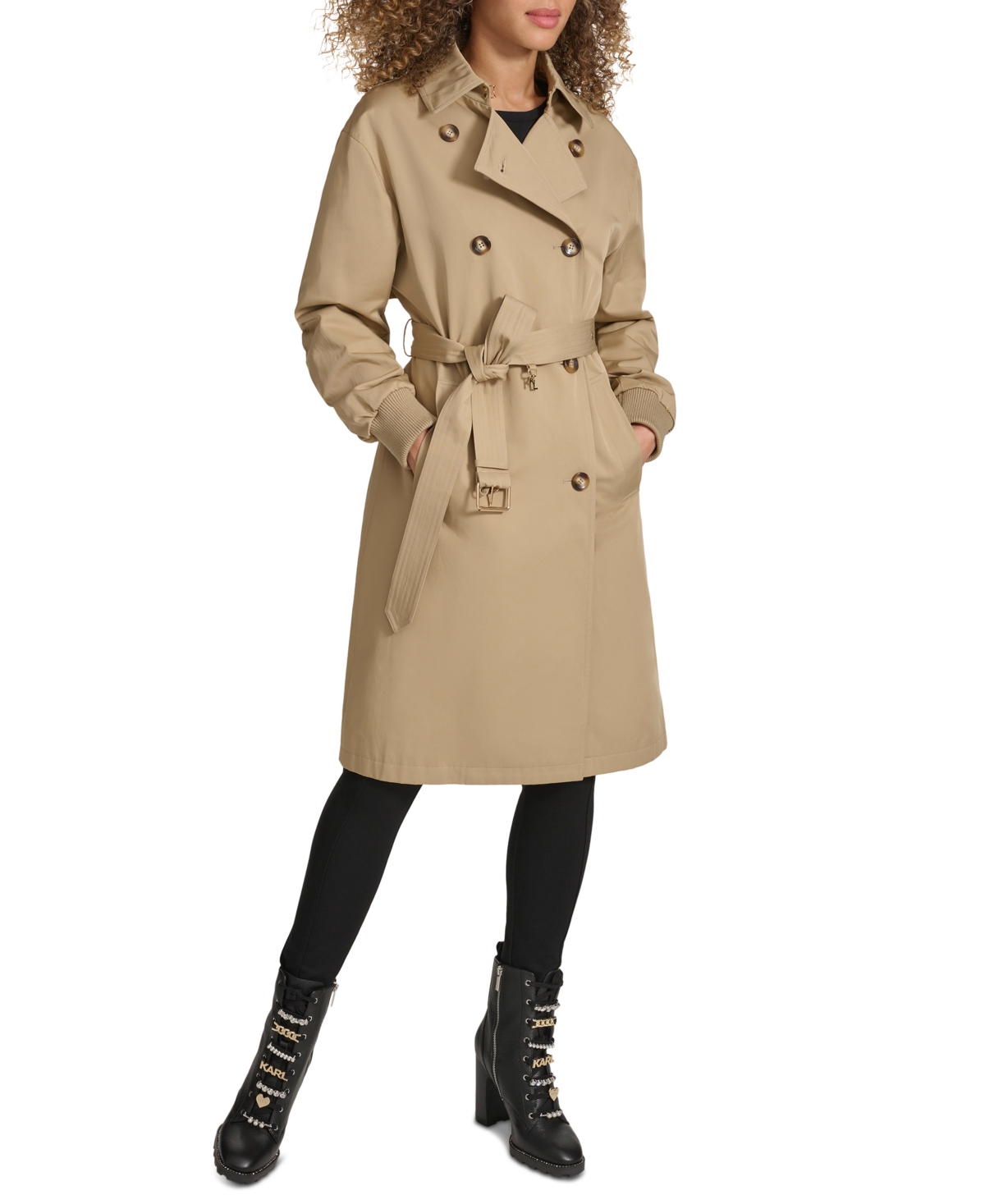 Karl Lagerfeld Women's Ruched-sleeve Trench Coat In Khaki