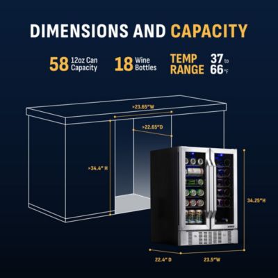 24" Built-in Dual Zone 18 Bottle and 58 Can Wine and Beverage Fridge in Stainless Steel with French Doors and Chrome Shelves
