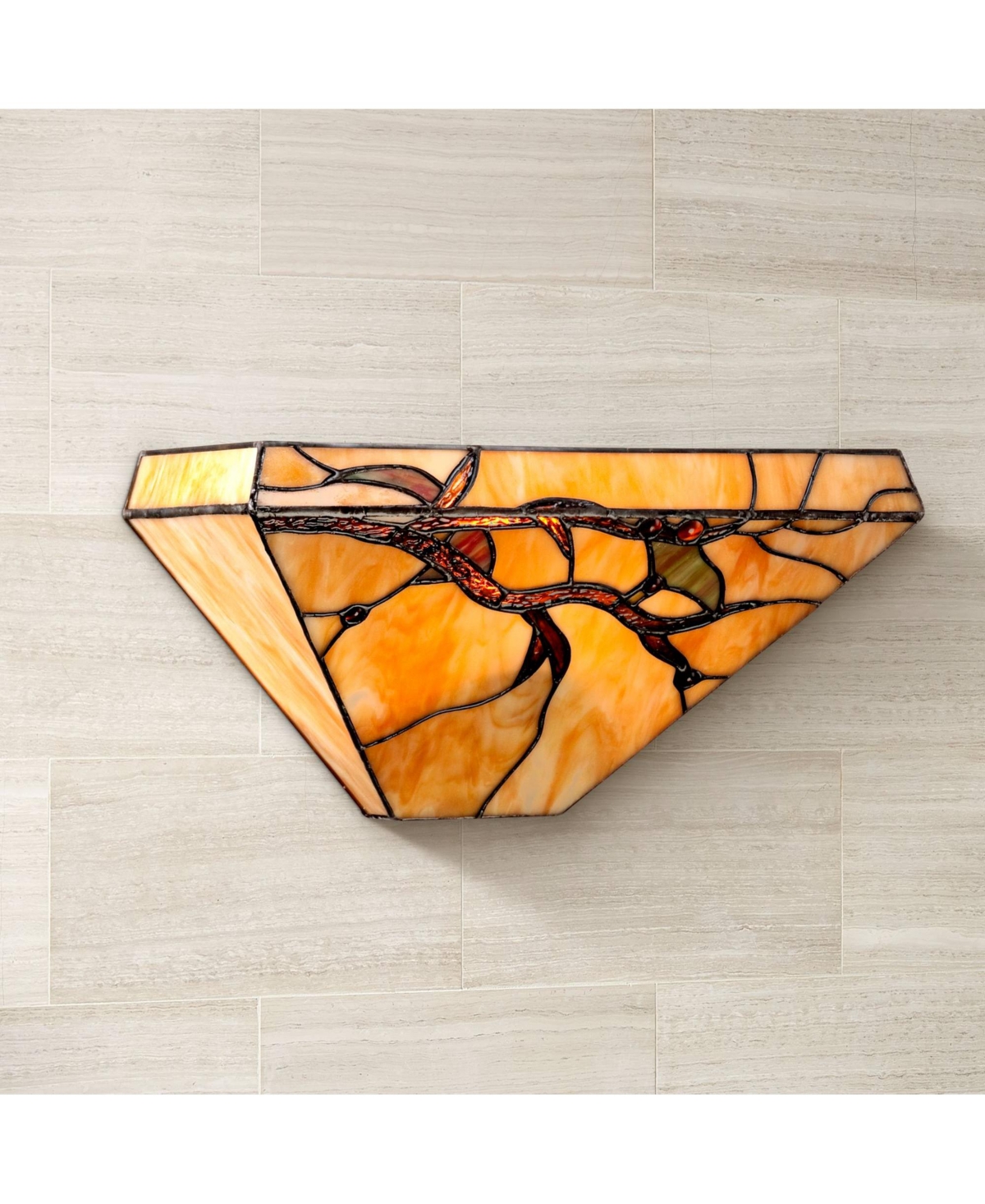 Budding Branch Tiffany Style Wall Light Sconces Set of 2 Copper Amber Art Glass Hardwired 14