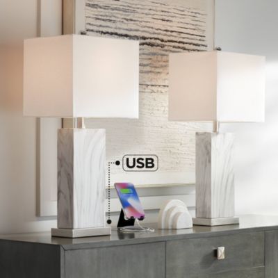Connie Modern Table Lamps 25" High Set of 2 White Faux Marble with USB Charging Ports Rectangular Shade for Living Room Office Desk House