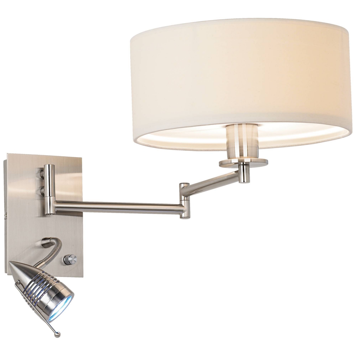Tesoro Modern Swing Arm Wall Mounted Lamp Adjustable Led Brushed Nickel Plug-In Light Fixture Off White Drum Shade for Bedroom Bedside House Reading