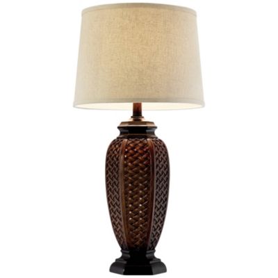 Tropical Table Lamp 29" Tall Woven Wicker Pattern Beige Linen Drum Shade for Living Room Family Bedroom Bedside Nightstand
