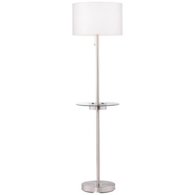 Caper Modern Floor Lamp with Tray Table 60 1/2" Tall Brushed Nickel USB and AC Power Outlet Off White Fabric Drum Shade for Living Room