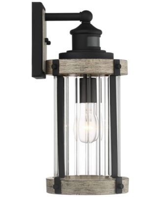 Stan Rustic Farmhouse Outdoor Wall Light Fixture Gray Faux Wood Black Motion Sensor 15 1/2" Clear Ribbed Glass for Post Exterior Barn