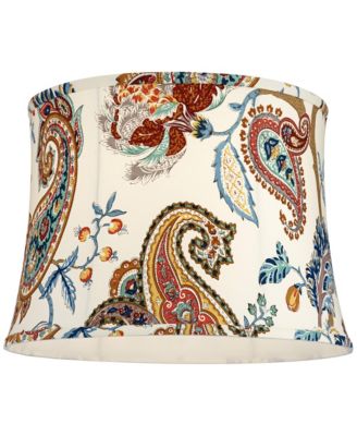 White with Paisley Print Medium Drum Lamp Shade 14" Top x 16" Bottom x 11.5" High (Spider) Replacement with Harp and Finial