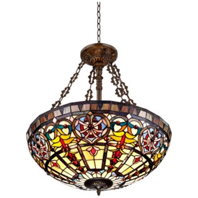 Bronze 5-Light 24" Wide Tiffany Style Stained Glass Bowl Ornamental Fixture Pendant Chandelier