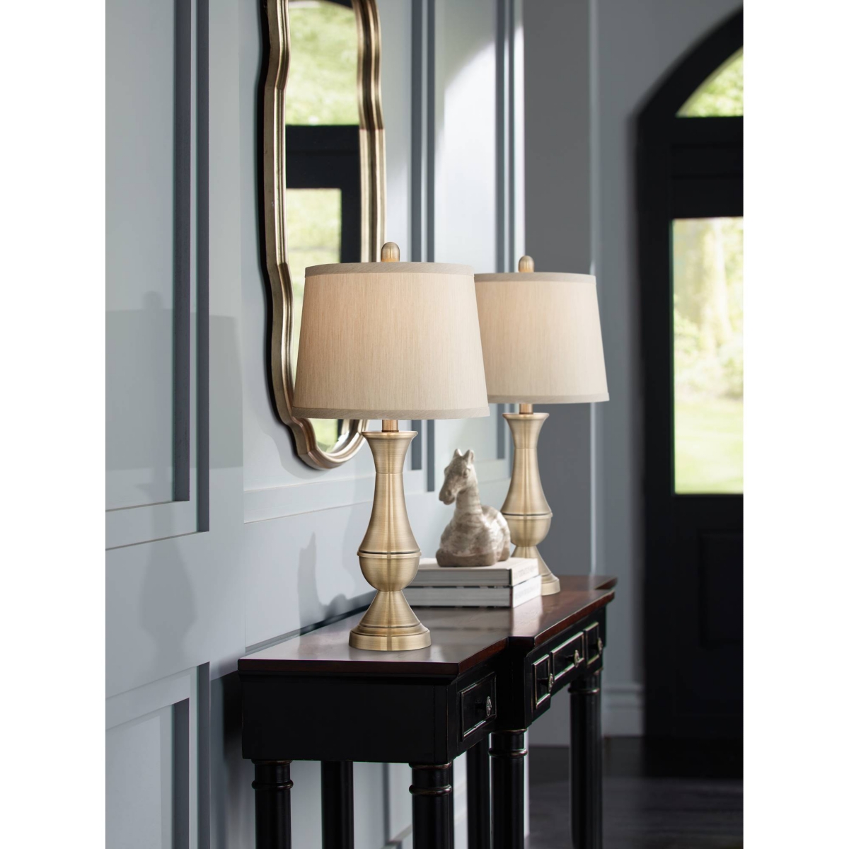 Becky Traditional Table Lamps High Set of 2 Antique BrassMetal Beige Tapered Drum Shade Decor for Living Room Bedroom House Bedside Night