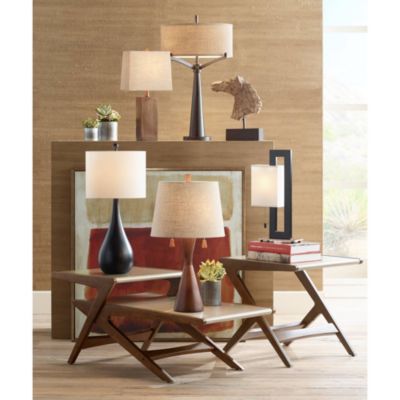 Omar Modern Table Lamp 28 3/4" Tall Warm Brown Wood Hourglass Oatmeal Fabric Drum Shade for Bedroom Living Room Bedside Nightstand Office