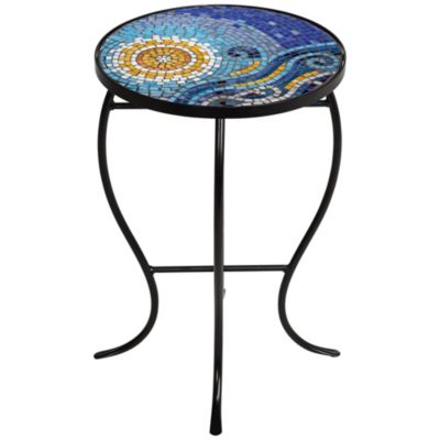 Modern Black Round Outdoor Accent Side Tables 14" Wide Set of 2 Blue Mosaic Tabletop for Front Porch Patio Home House