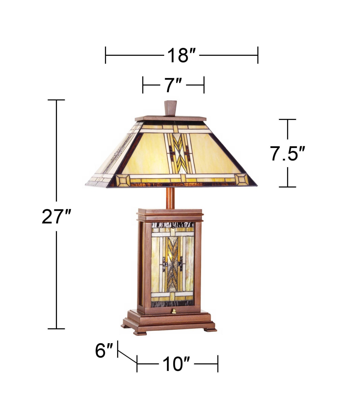 Walnut Mission Collection Rustic Table Lamp with Nightlight Tall Wood Base Tiffany Style Antique Stained Art Glass Shade for Living Room Bedroom H