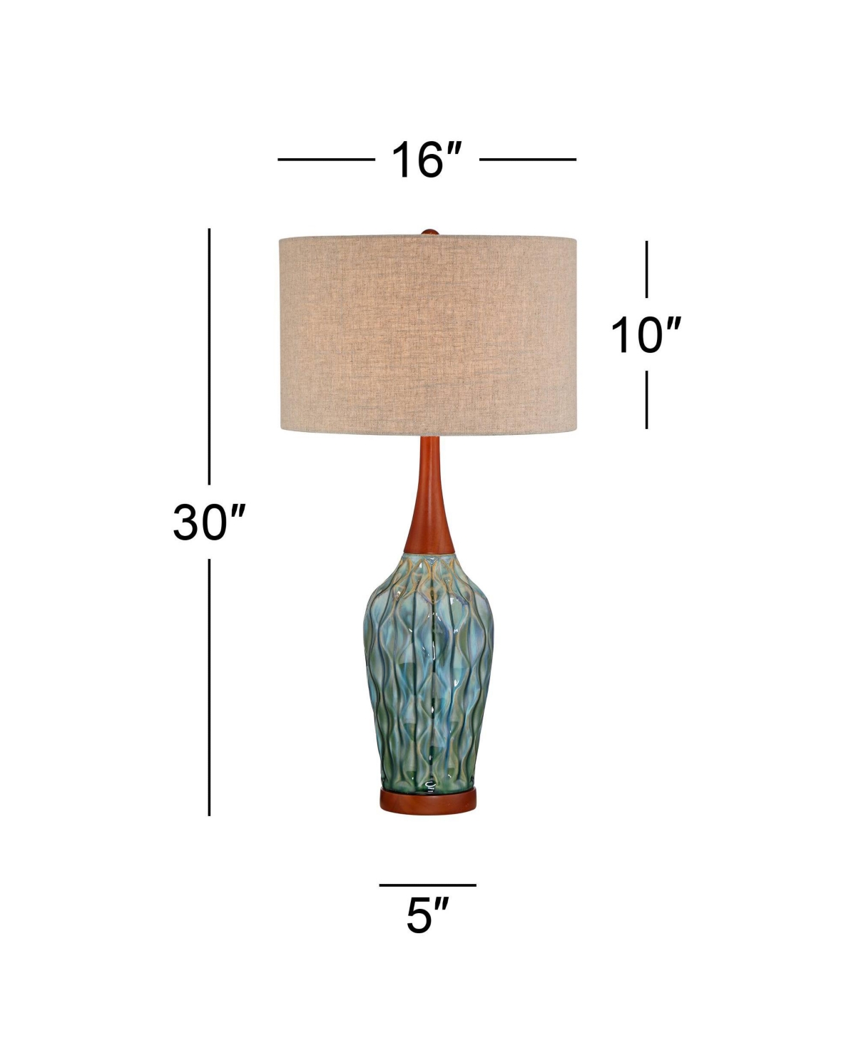 Rocco Mid Century Modern Table Lamp Tall CeramicTeal Glaze Wood Handmade Linen Drum Shade Decor for Living Room Bedroom House Bedside Home E