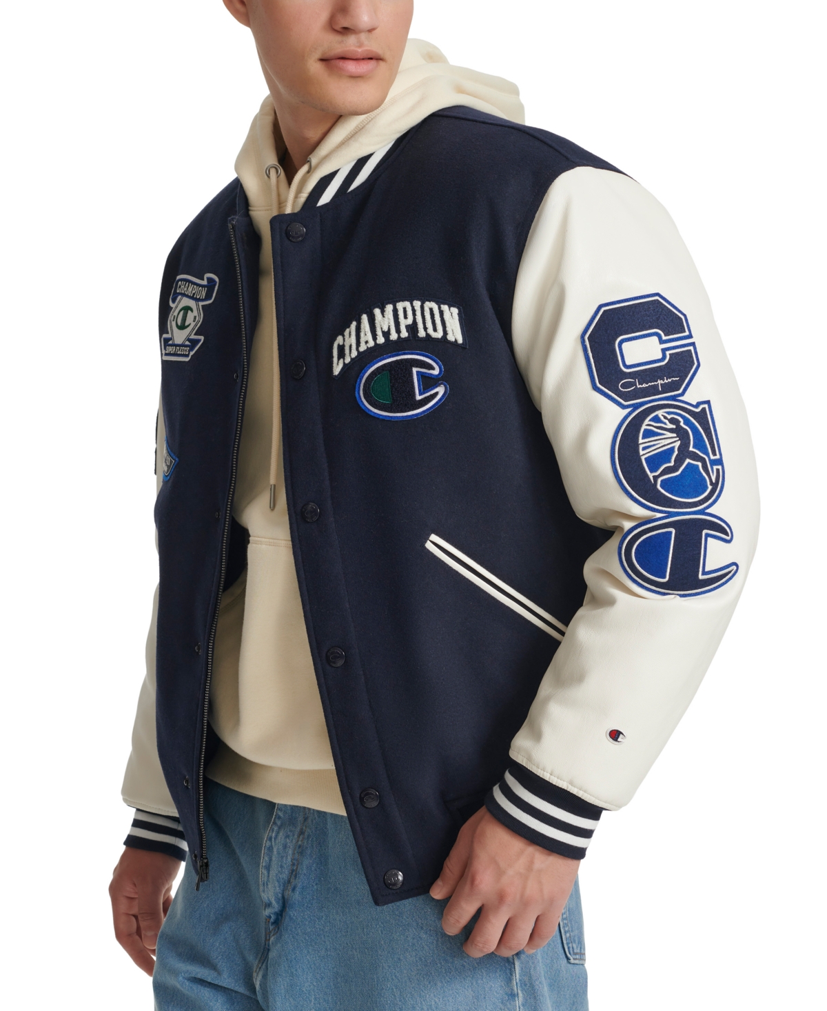 Champion Men's Logo-Patch Mixed-Media Varsity Jacket -White