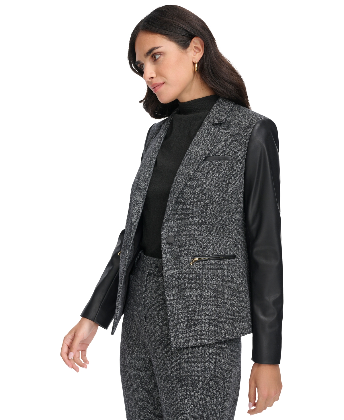 Calvin Klein Women's Faux-Leather-Sleeve Blazer