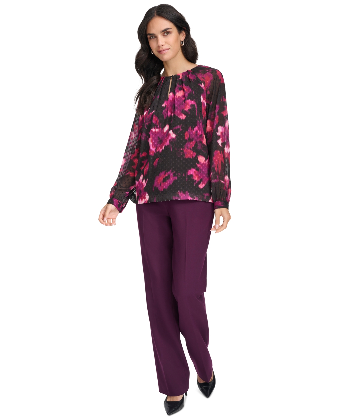Calvin Klein Women's Pleat-Neck Long-Sleeve Blouse