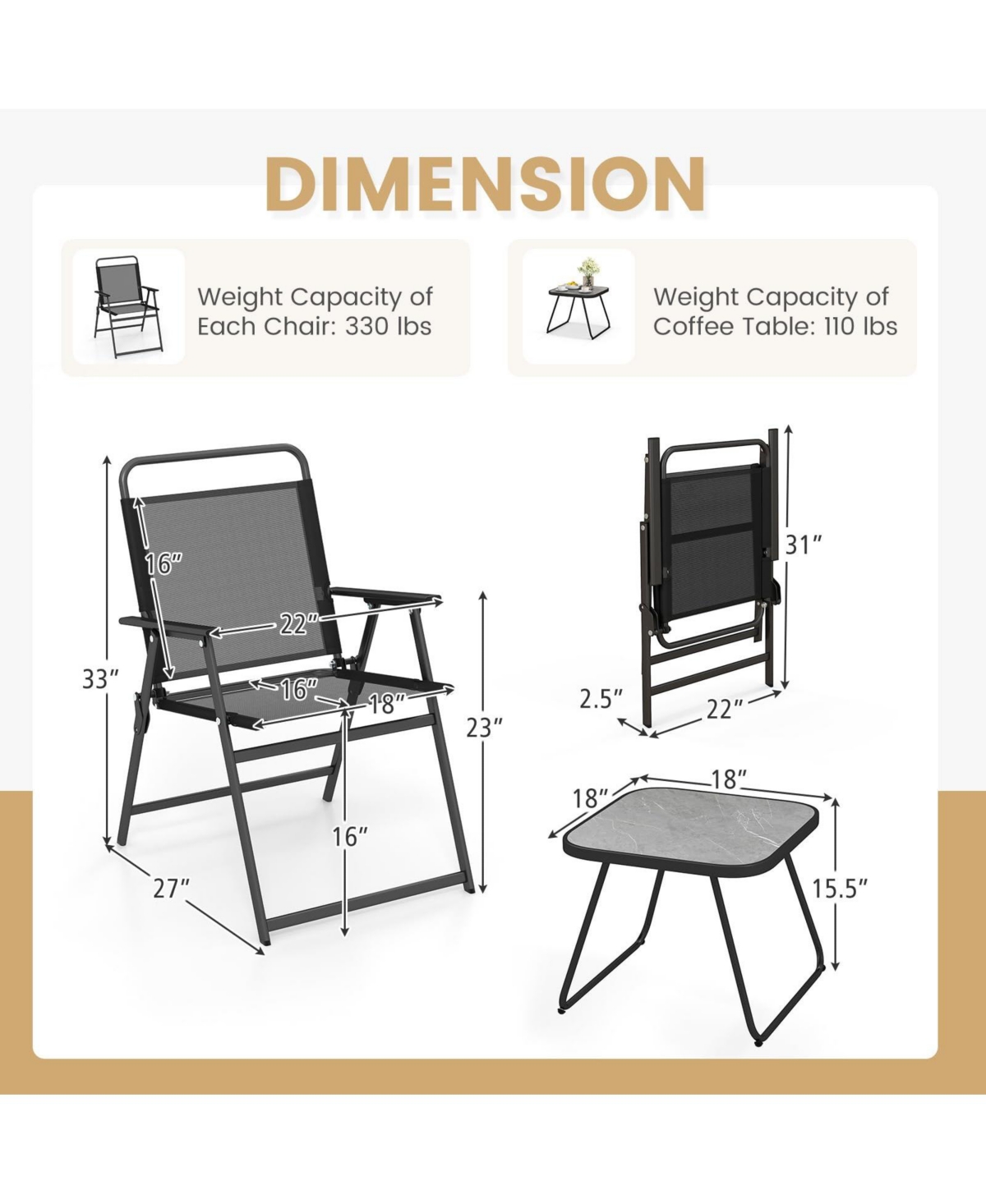 Sugift 3 Pieces Patio Folding Conversation Chairs and Table