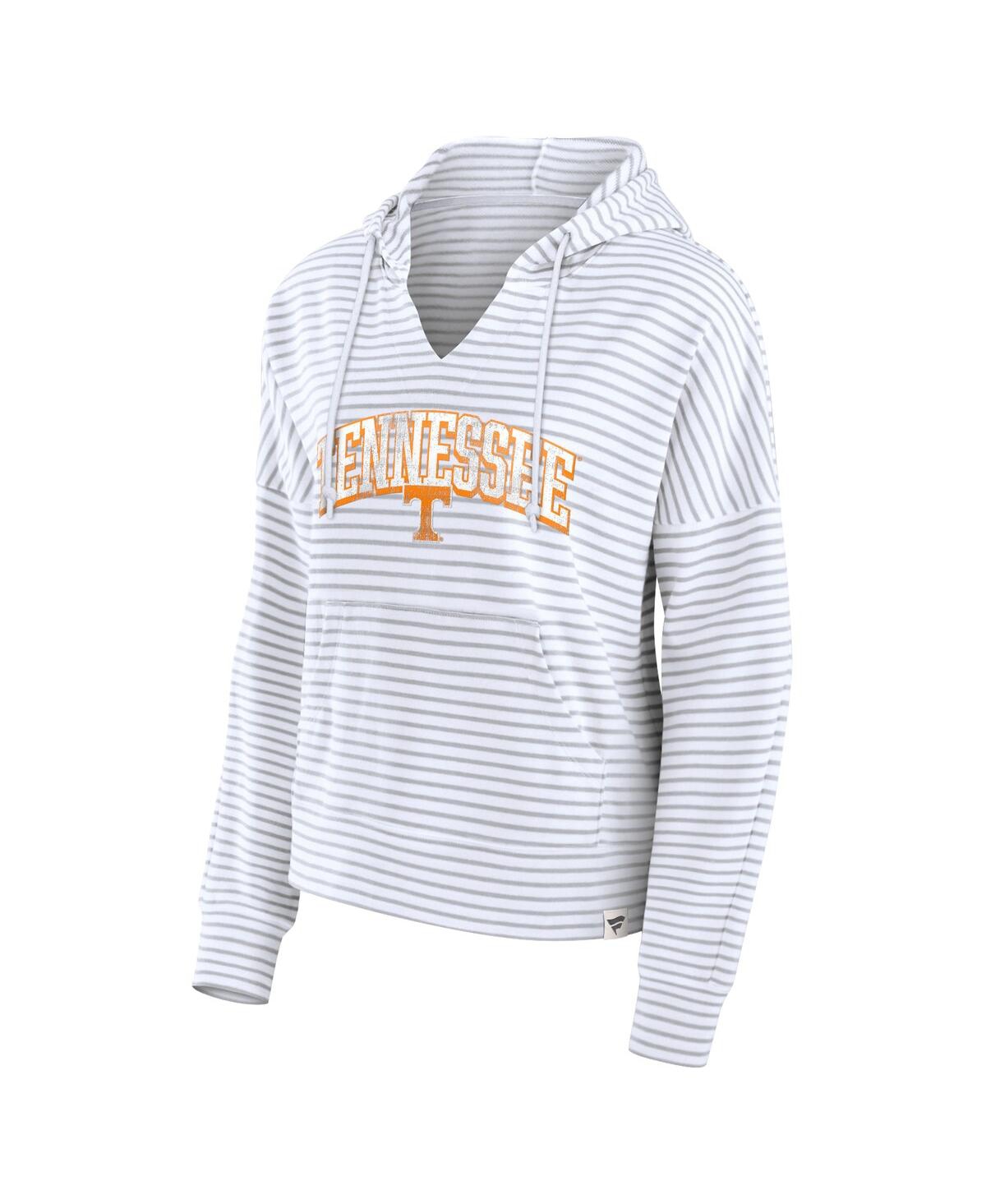 Fanatics Women's White/gray Tennessee Volunteers Arch Logo Striped Notch Neck Pullover Hoodie In White,gray