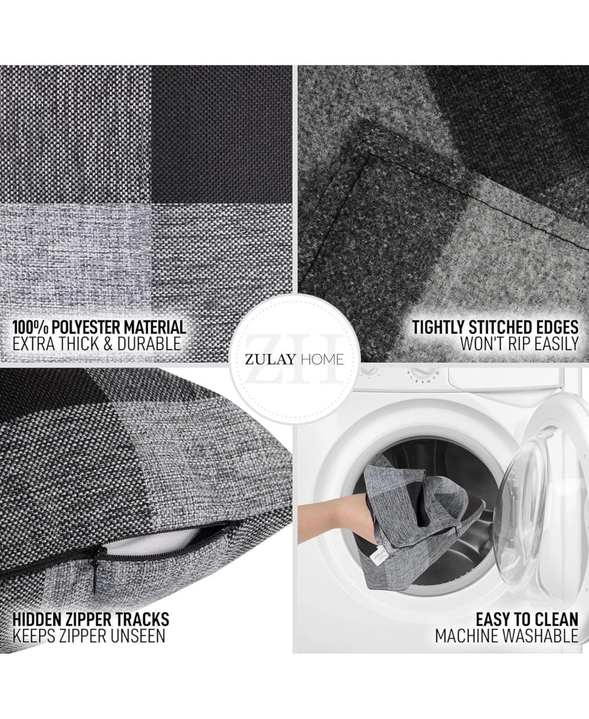 Zulay Kitchen Pack of 2 Buffalo Plaid Throw Pillow Covers - Farmhouse Porch Pillows Outdoor & Indoor Covers 18x18 - Gray  black