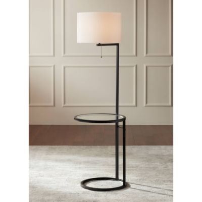 Space Saver Modern Floor Lamp with Tray Table 62" Tall Black Metal White Fabric Drum Shade for Living Room Bedroom Office House Home