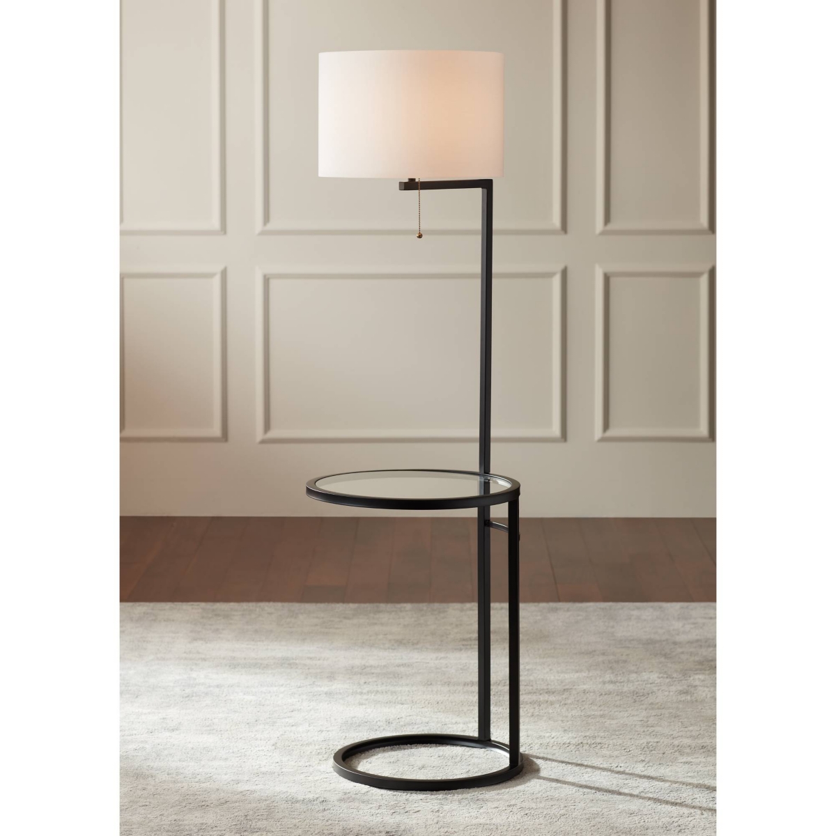360 Lighting Space Saver Modern Style Standing Floor Lamp with Glass Tray End Table TallMetal White Fabric Sleek Drum Shade Decor for Livin