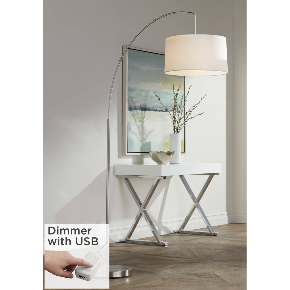 360 Lighting Cora Modern Arc Lamps Floor Standing with Usb Charging Port Tall Brushed NickelMetal White Linen Fabric Drum Shade for Living