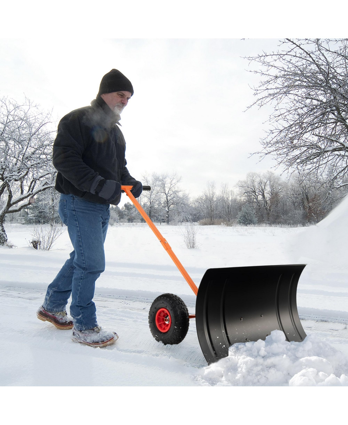 29" Snow Shovel Heavy-Duty Metal Adjustable Angle & Height Snow Clear with Wheels