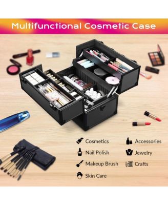 14"x8"x10" Lockable ABS Aluminum Cosmetic Makeup Case Box Train Black