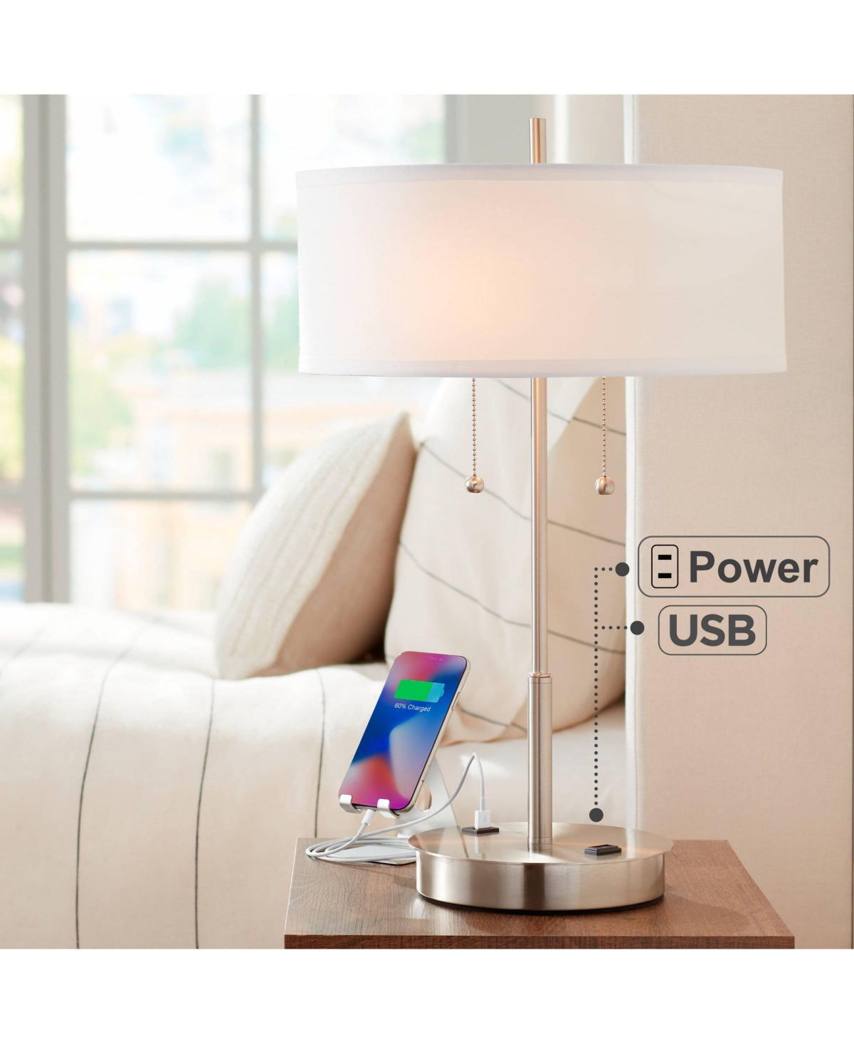 Nikola Modern Accent Table Lamp with Hotel Style Usb and Ac Power Outlet in Base 23.75" High Silver White Drum Shade for Living Room Desk Bedroom Hous
