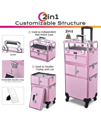 Folding Manicure Nail Table 2in1 Rolling Makeup Train Case Kit Manicure Cosmetic Trolley Travel Organizer Nail Case, Pink