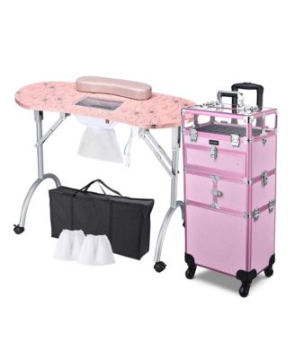 Folding Manicure Nail Table 2in1 Rolling Makeup Train Case Kit Manicure Cosmetic Trolley Travel Organizer Nail Case, Pink