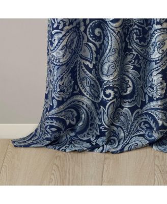 Aubrey Jacquard Room Darkening Curtains, Faux Silk Paisley for Bedroom and Living Room, 84 inch length 2 panels set, Width 50 length 84 inches, Navy Window Panel