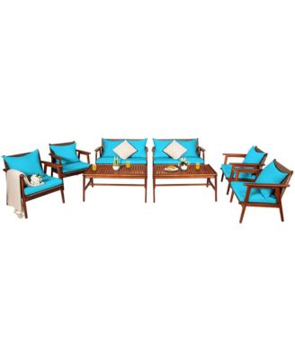 8PCS Patio Rattan Furniture Set Acacia Wood Frame Cushioned Sofa Chair Turquoise