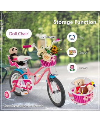 14 Inches Kids Bicycle w/ Doll Chair & Basket Kids Bike w/ Training Wheels Pink