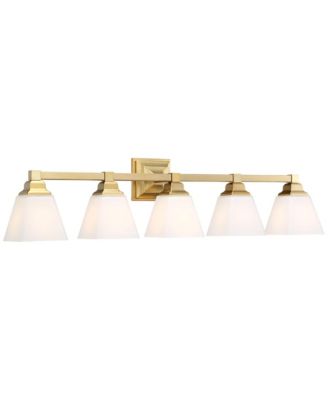 Mencino-Opal Modern Wall Mount Light Warm Brass Gold Metal Hardwired 35 1/4" Wide 5-Light Fixture Etched White Glass Shades for Bathroom Vanity Mirror House Home Room Decor