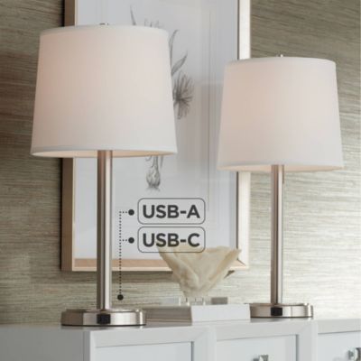 Camile Modern Table Lamps 25" High Set of 2 Brushed Nickel with USB Charging Port Off White Drum Shade for Living Room Office House Desk