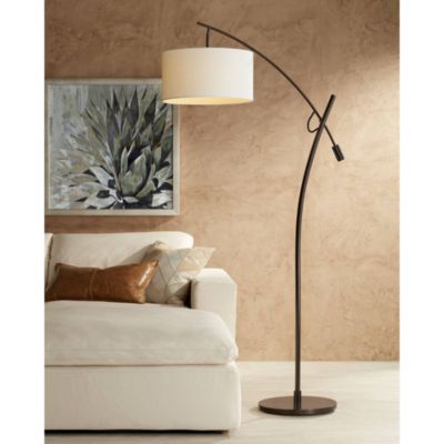 Raymond Modern Arc Floor Lamp 69" Tall Bronze Adjustable Boom Arm Off White Linen Drum Shade for Living Room Reading Bedroom Home
