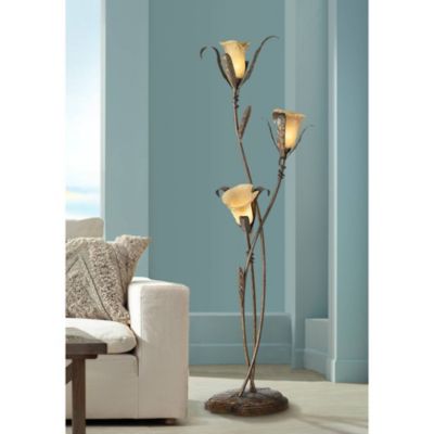 Rustic Farmhouse Sculptural Floor Lamp 68 1/4" Tall Bronze Gold 3-Light Amber Glass Intertwined Lily Flower Shade for Living Room