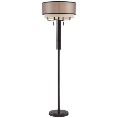 Alamo Industrial Rustic Floor Lamp 62" Tall Bronze Metal Sheer Organza Outer Linen Fabric Inner Double Drum Shade for Living Room