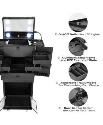 Pro Rolling Makeup Case Aritist Cosmetics w/ Lights Mirror Studio Black