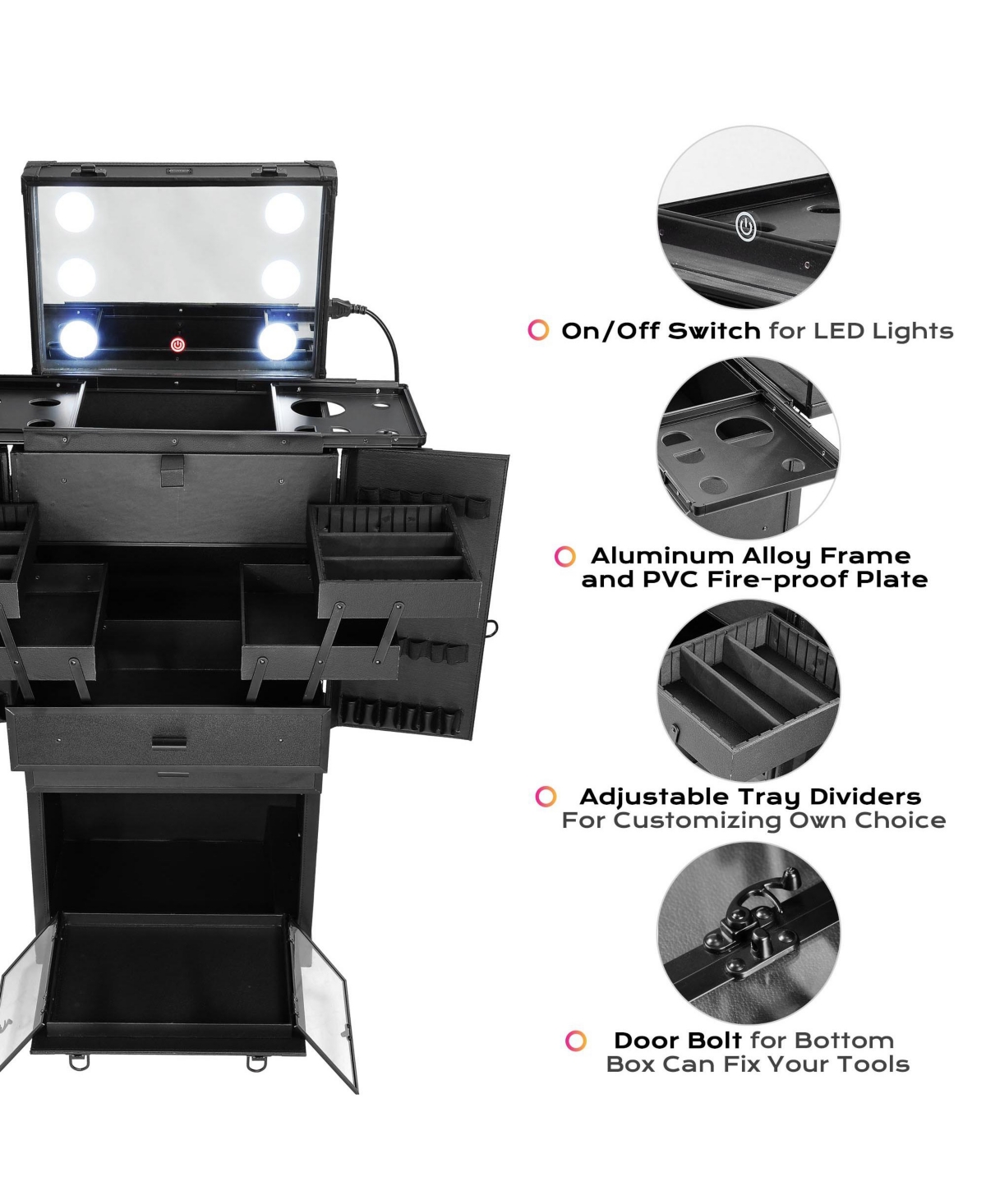 Byootique Pro Rolling Makeup Case Aritist Cosmetics w/ Lights Mirror Studio Black