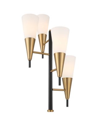 Quatro Mid Century Modern Tree Floor Lamp 71" Tall Black Gold Metal 4 Light Frosted Glass Cone Shade for Living Room Bedroom House