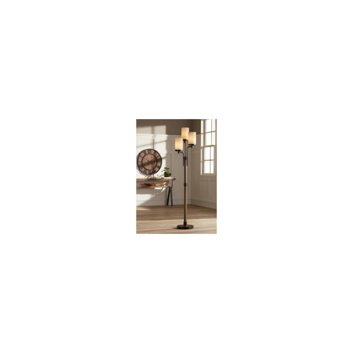 Franklin Iron Works Astoria Rustic Farmhouse Industrial Standing Floor Lamp Tree 3-Light Tall Bronze Faux Wood Faux Tea Alabaster Glass for Living