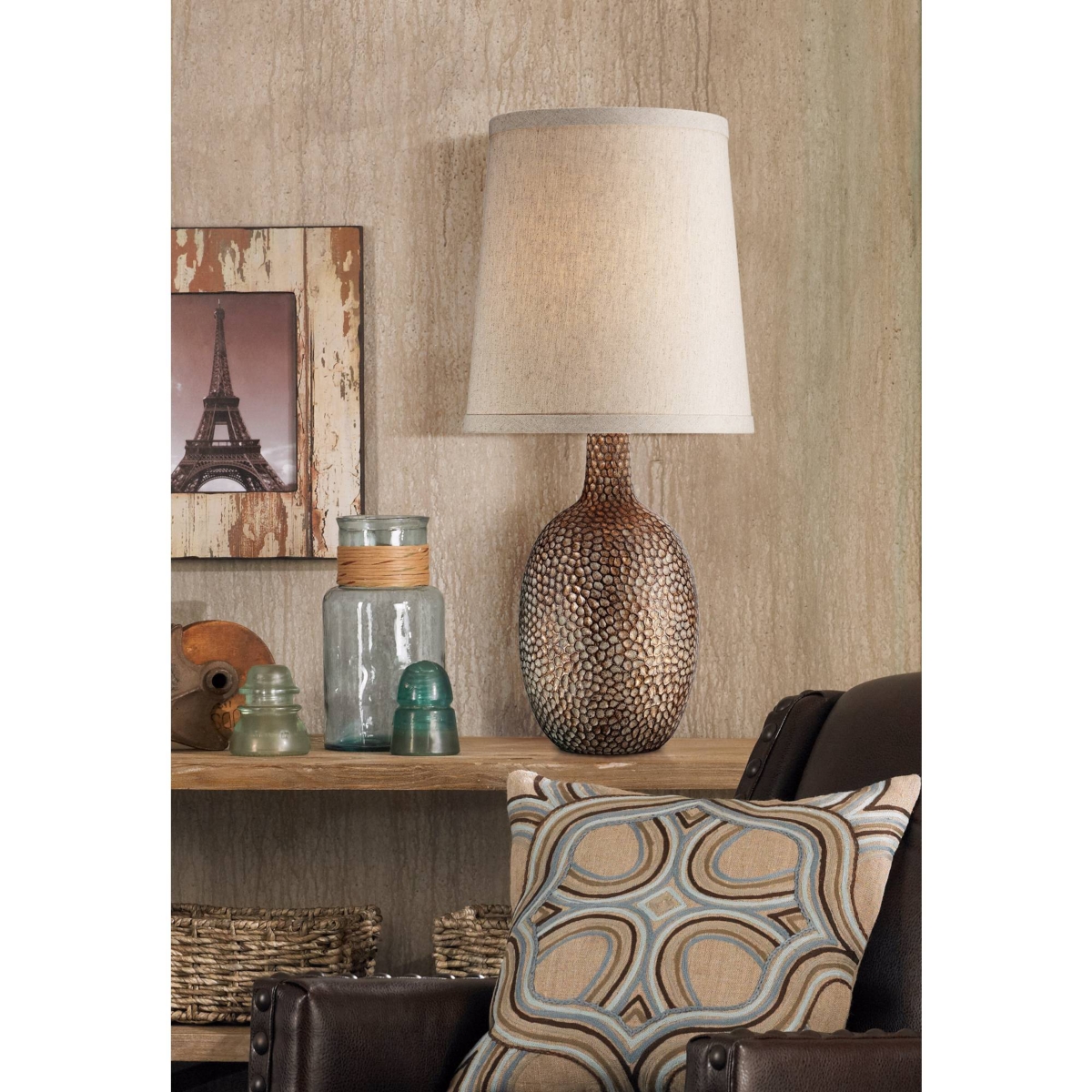 360 Lighting Chalane Rustic Farmhouse Accent Table Lamp High Antique Bronze Hammered Texture Natural Beige Linen Fabric Shade for Living Room Be