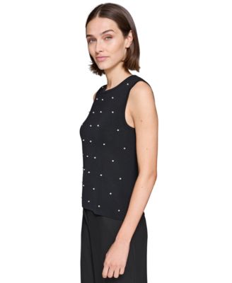 Karl Lagerfeld Women's Round-Neck Faux-Pearl Sleeveless Sweater Top