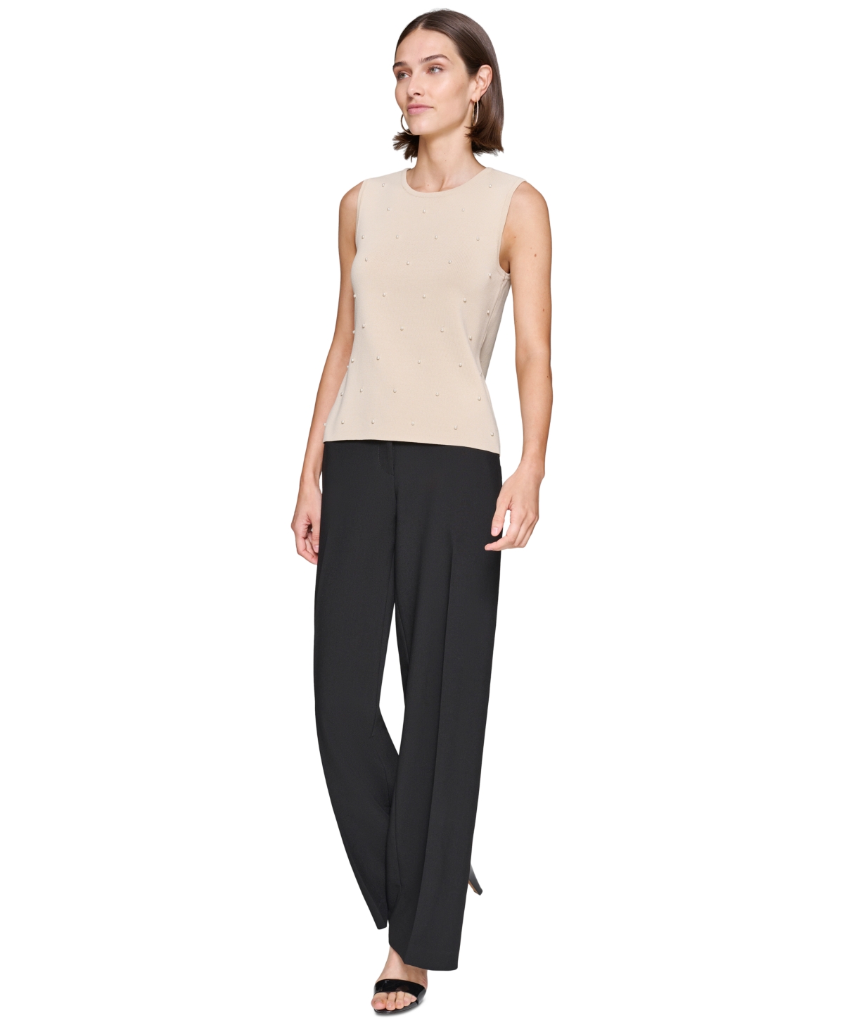 Karl Lagerfeld Women's Round-Neck Faux-Peal Sleeveless Sweater Top