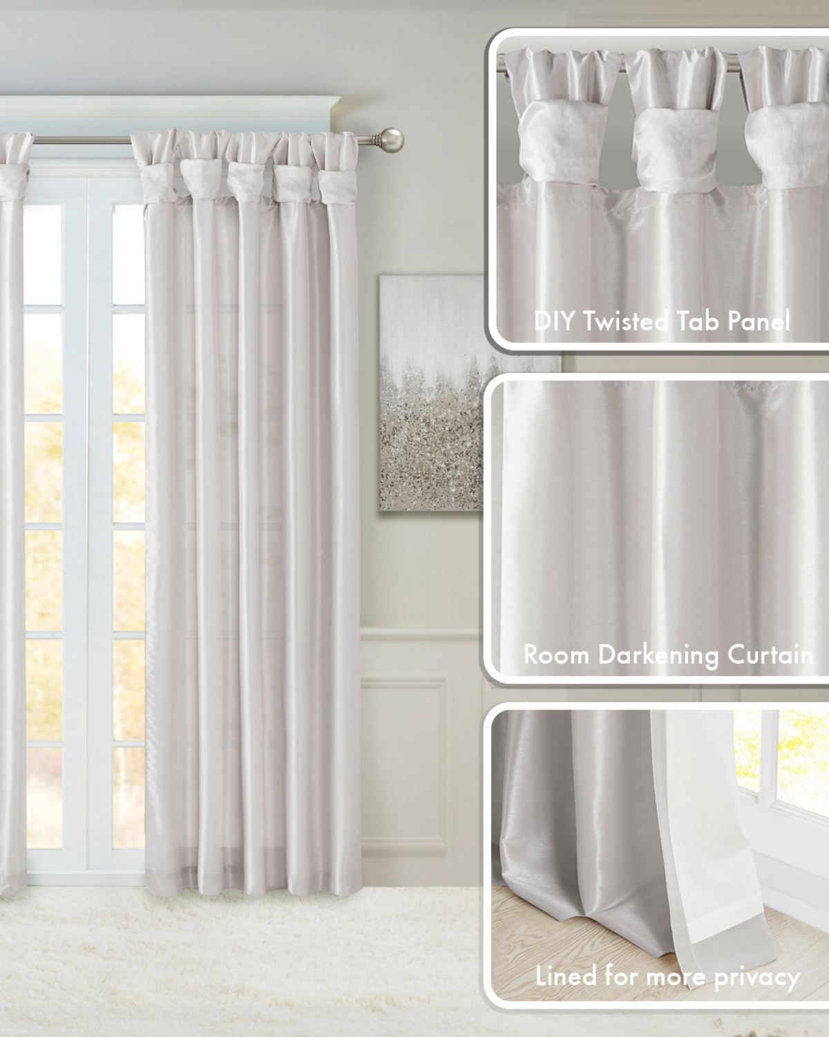 Madison Park Emilia Twist Tab Lined Window Curtain Panel, Single Curtain with Privacy Lining for Bedroom and Living Room, 84 inch length Single Curtai