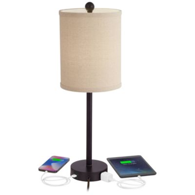 Trotter Modern Table Lamps 23 3/4" High Set of 2 Oiled Bronze with USB and AC Power Outlet in Base Burlap Shade for Living Room Home Desk