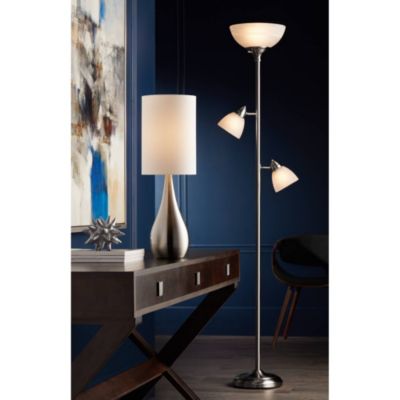 Ellery Modern Torchiere Floor Lamp with Side Lights 72" Tall Brushed Nickel Frosted White Glass Shade for Living Room Reading Bedroom