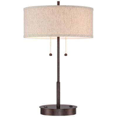 Modern Accent Table Lamp with USB and AC Power Outlet 23 1/2" High Bronze Fabric Drum Shade for Bedroom Living Room House Desk Bedside
