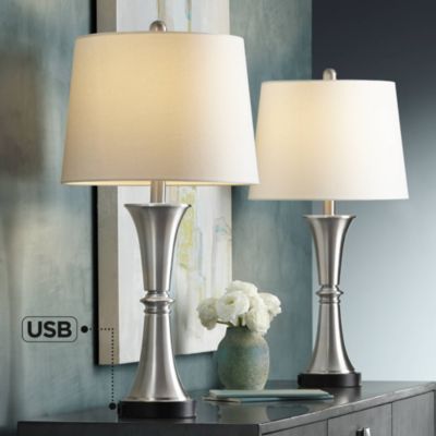 Seymore Modern Table Lamps 26" Tall Set of 2 with USB Charging Port Silver LED Touch On Off White Drum Shade for Bedroom Living Room House Home Desk Bedside Nightstand Office - 360 Lighting