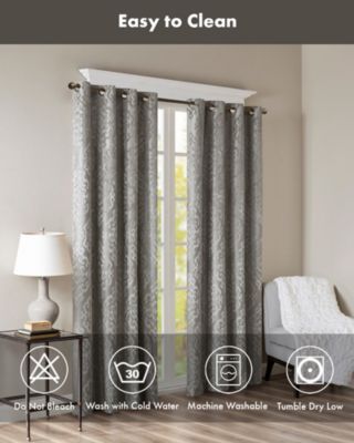 Mirage Knitted Jacquard Damask Total blackout curtains for bedroom, Silver grommet top fit up to 1.25 inches rod Single Curtain Panel for Living Room, Width 50 length 95 inches, Pitch Black Ambiance Charcoal 1 Window Panel